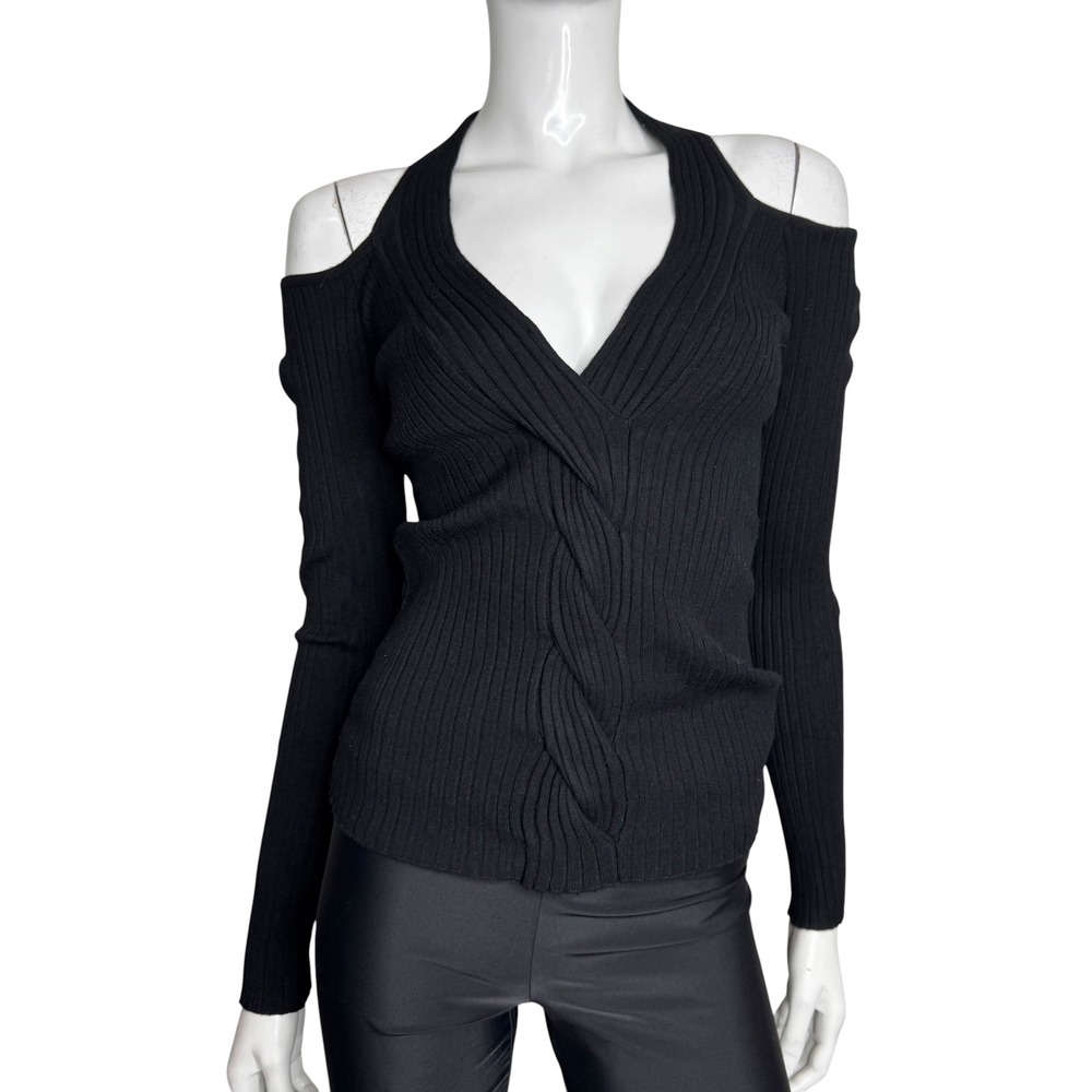 Express Black Ribbed Cold Shoulder Halter V-Neck Twisted Cable Knit Sweater Top - Picture 3 of 6